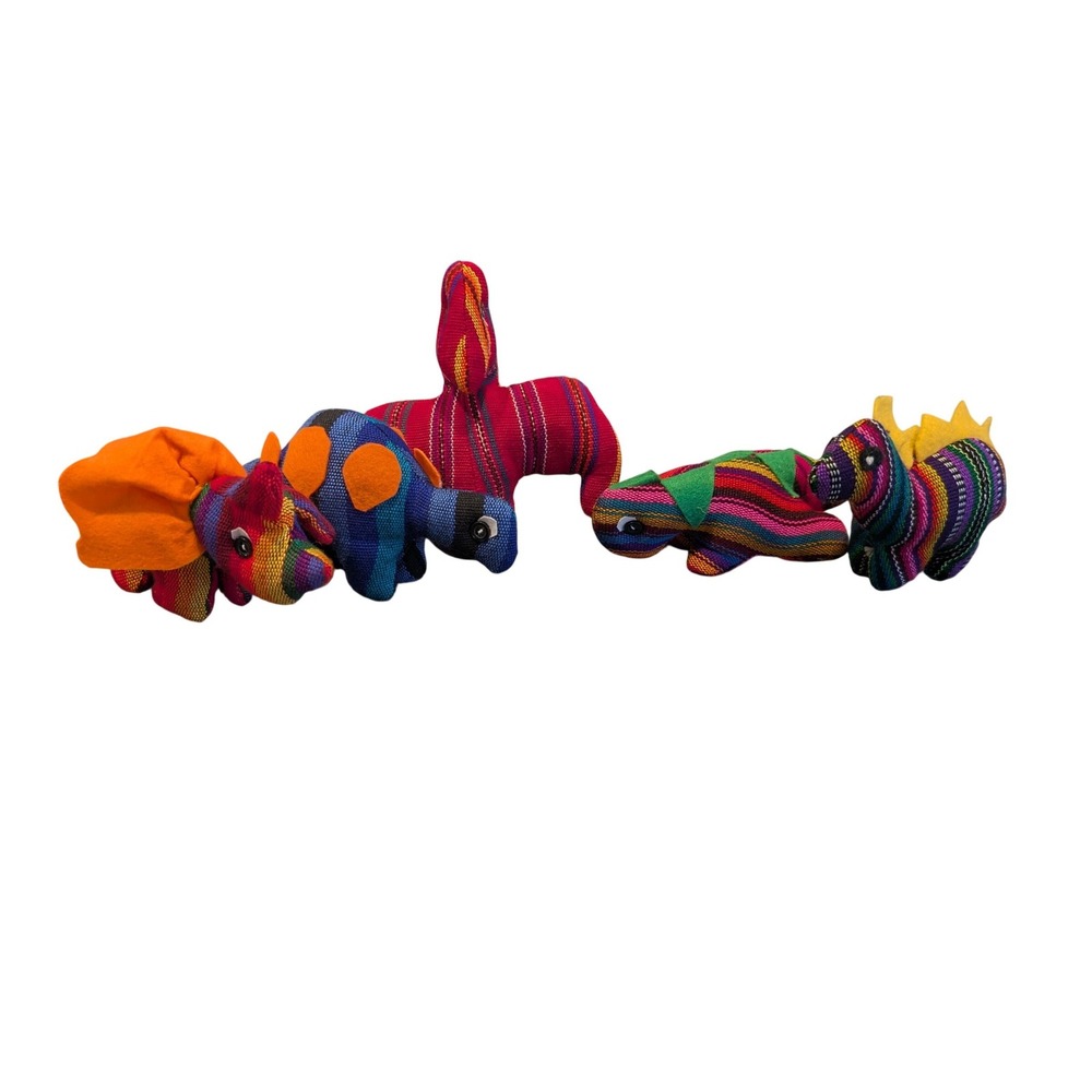 Handmade Guatemalan Cotton‎ Dinosaur Plush Set 5pc Rainbow Striped Folk Art Toys